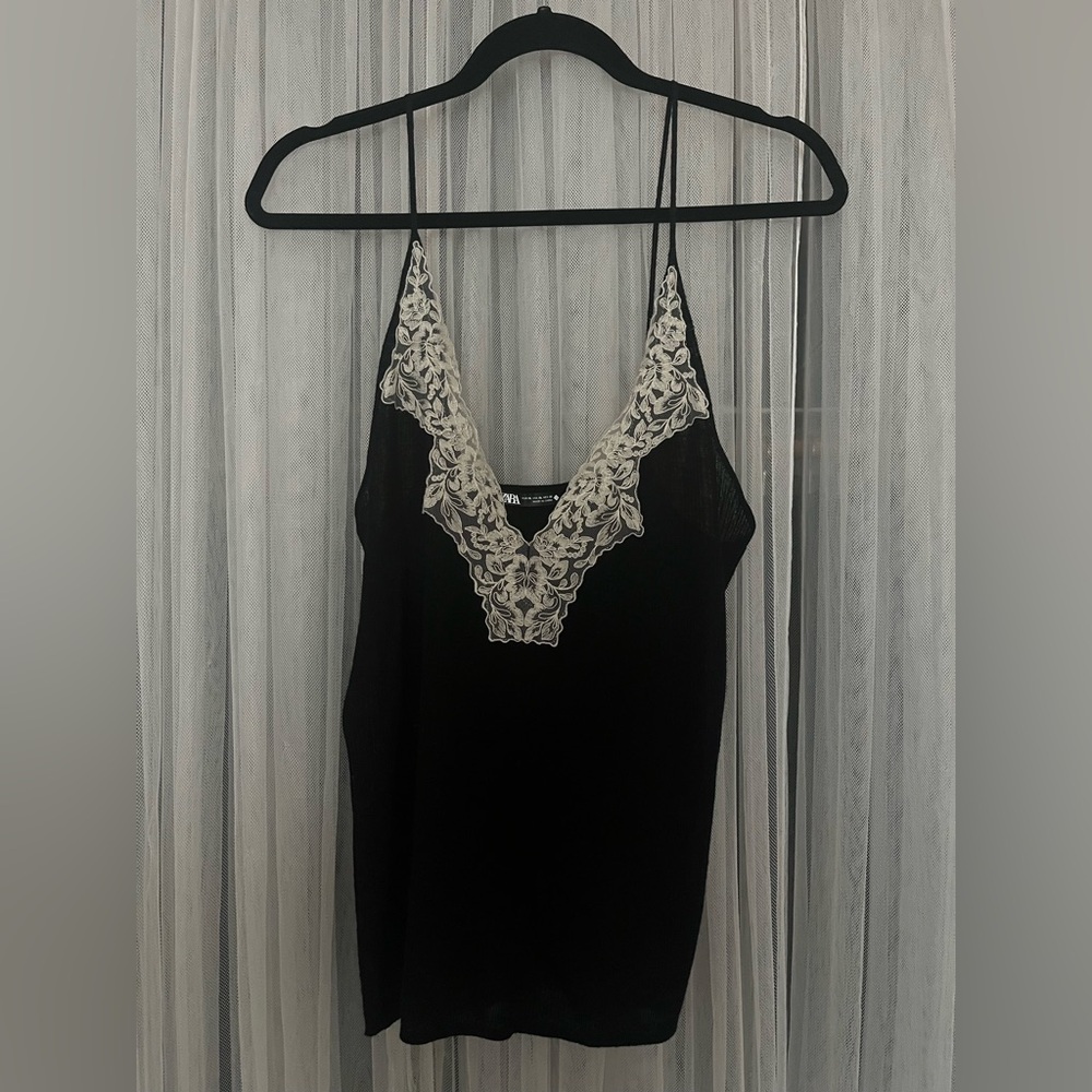 Zara Black Top with Cream Floral Lace